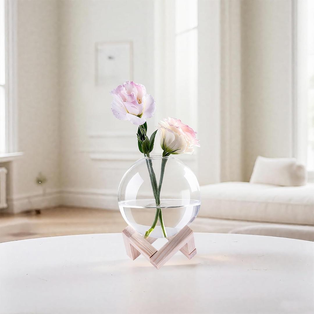 Ball-Shaped Plant Propagation Station with Wooden Stand -Glass Plant Terrarium for Home Office Kitchen Garden Decor, Plant Cuttings & Hydroponics 3.9", Clear