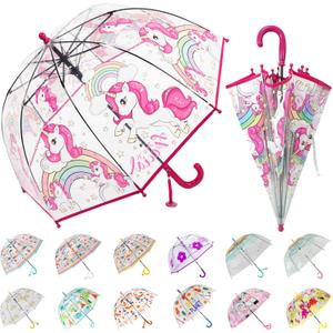 Kids Umbrella for Girls & Boys Toddler Childrens Clear Bubble Umbrella for Kids Small Durable Kids Umbrellas for Rain Outdoor (Clear Red Unicorn)