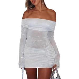 Women Sexy Off Shoulder Bodycon Mini Dress Mesh Sheer Ruched Sparkly Flared Long Sleeve Y2K Dress Club Night Out Dresses, Size L