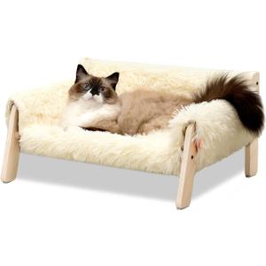 MEWOOFUN Cat Couch Bed, Pet Sofa for Indoor Cats Wooden Indoor Elevated Cat Beds with Removable Mattress Cover Suitable for Kitty, Puppy or Small Animal (Beige, Medium)