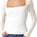 QINSEN Women's Square Neck Long Sleeve Mesh Top Sheer Sleek Fitted Blouse for Casual Night Out