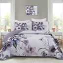 3 Pieces Floral Quilt Set Full Purple Flower Pattern Quilt Coverlet Set Soft Microfiber Lightweight Boho Purple Floral Quilted Bedspread for All Season 80"x90"