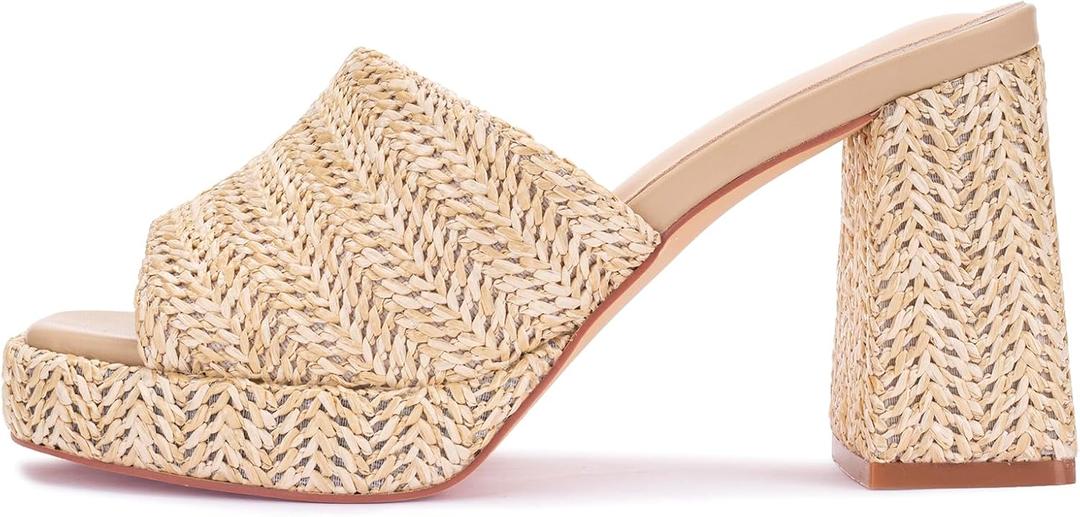 Monrovia Raffia Platform Heels for Women – Chunky Block Open Toe Woven Slides, Natural Straw Summer Dressy Vacation Sandals, Comfortable Heeled Slip On Mules, 8