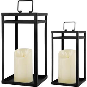 Modern Farmhouse Lantern Decor, 2Pcs Metal Candle Lanterns with Flameless Candles Black Decorative Lantern for Front Porch Covered Patio Dining Table Entryway Table Wedding Home Decor