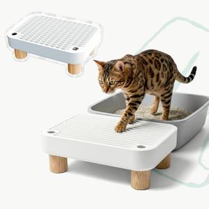 Cat Litter Box Step, Anti-Tracking Litter Catcher Ramp for Self-Cleaning Litter Boxes, with Wooden Base, Removable Top, Easy to Clean, Ideal for Small & Elderly Cats (No Side Guards Included)