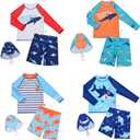 Boys Rash Guard Swimsuits Sets Shark Print Long Sleeve Bathing Suit Swimwear Set with Hat, 5-6 Years