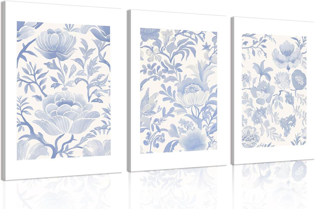Lavender And White Vintage Floral Chinoiserie Canvas wall art Light Lilac Painting Picture Wall Decor Pale Purple Simple Peonies Poster Print Artwork for Bedroom Living Room Bathroom Home Decoration (1216 in-Canvas, Blue Flower)