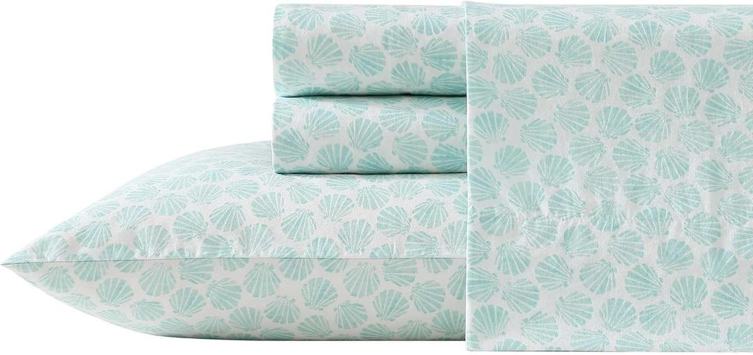 Laura Ashley - Queen Sheets, Cotton Percale Bedding Set, Lightweight & Breathable Home Decor (Margate Shells Blue, Queen)