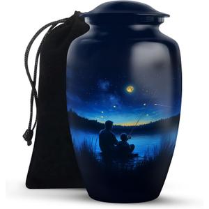 Fisherman Large Outdoor Urns for Ashes Adults Males - Fishing Funeral Urn for Human Ashes Adult - Ash Container for Women - Cremation Urns for Men - Dad Blue Urn for Burial in Ground 10 Inch