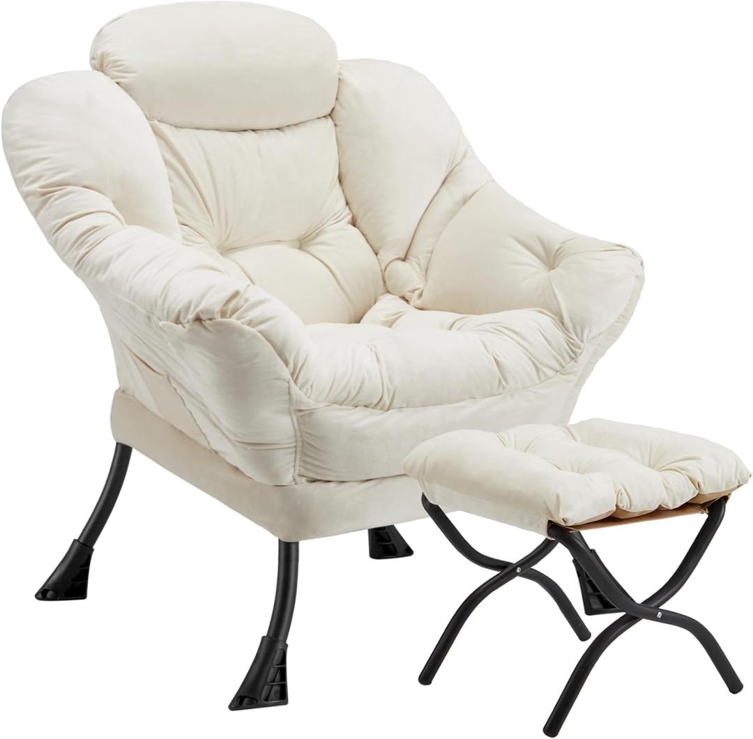 Lazy Chair with Folding Ottoman Modern Large Accent Chair,Contemporary Lounge Leisure Sofa Chair with Armrests Upholstered Sofa Armchair Reading Chair for Bedroom,Dorm & Office (Beige-f)