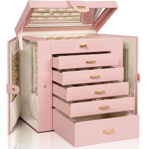 AKOZLIN Huge Jewelry Box Organizer Functional Extra Large Leather Jewelry Storage Case for Women Girls Ring Necklace Earring Bracelet Holder Organizer with Mirror