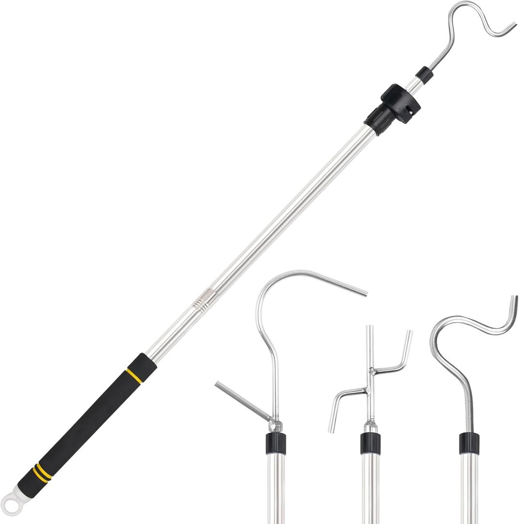 Clothes Hook Pole, High Reach Garment Hook 38 - 63 Telescoping Pole with 3 Hooks and Foam Handle for Hanging Clothes String Lights Plants Grabbing Trunk Cargo Shelf Items