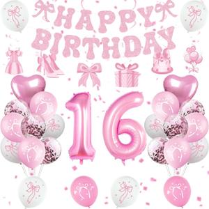 Pink Bow 16th Birthday Decorations Girl, Bow Coquette Birthday Decorations for Girls 16 Birthday, Girl Cute Bow Themed Happy Birthday Party Supplies with Pink Bow Balloons, Banner, Hanging Swirls