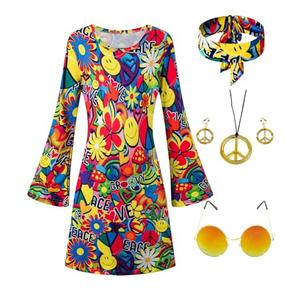 Girls Kids 60s 70s Hippie Costume Dresses Disco Outfits Party Clothes with Necklace Earrings Sunglas , Size XXL