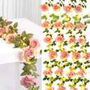 Flower Garland with Lights, 4 Packs 7FT Pink Floral Rose Flower Eucalyptus Garland Decor, Artificial Faux Leaves Greenery Vines for Table Runner Wedding Centerpieces Backdrop Decorations (Warm Color)