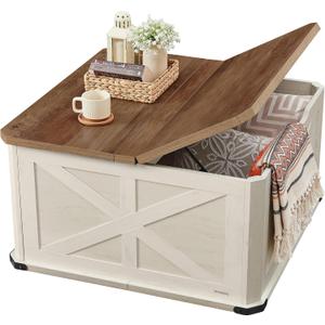 VASAGLE LIRY Collection - Farmhouse Coffee Table with Storage, Square Center Coffee Table for Living Room, with Hidden Compartment, Flip-Top Lids, Honey Brown and Rustic White ULCT232W73