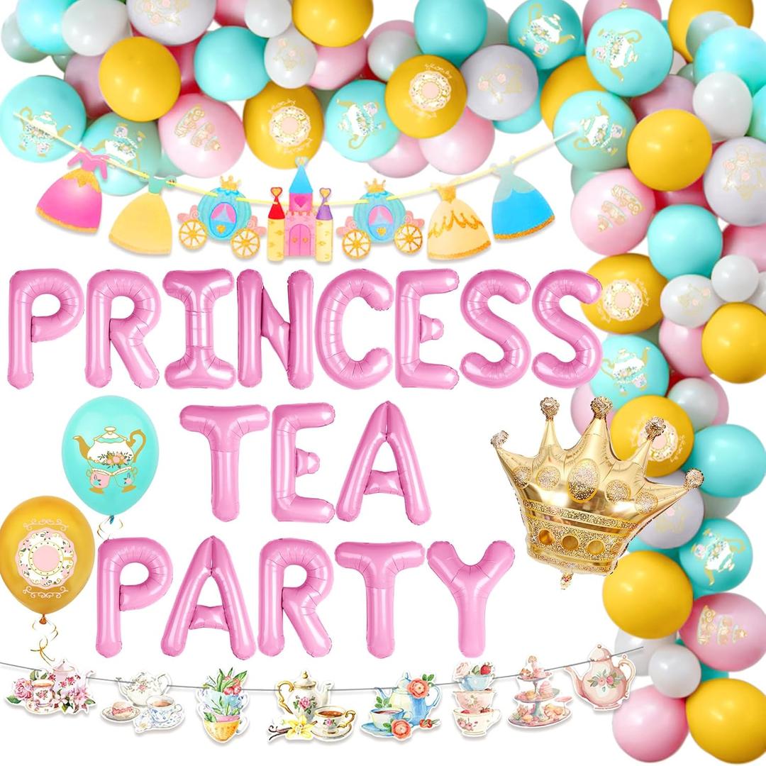 LaVenty Princess Tea Party Decorations Let's Par Tea Decorations Backdrop Balloon Garland Arch Cutout Banner Floral Butterfly Teapot Balloons Princess Banner
