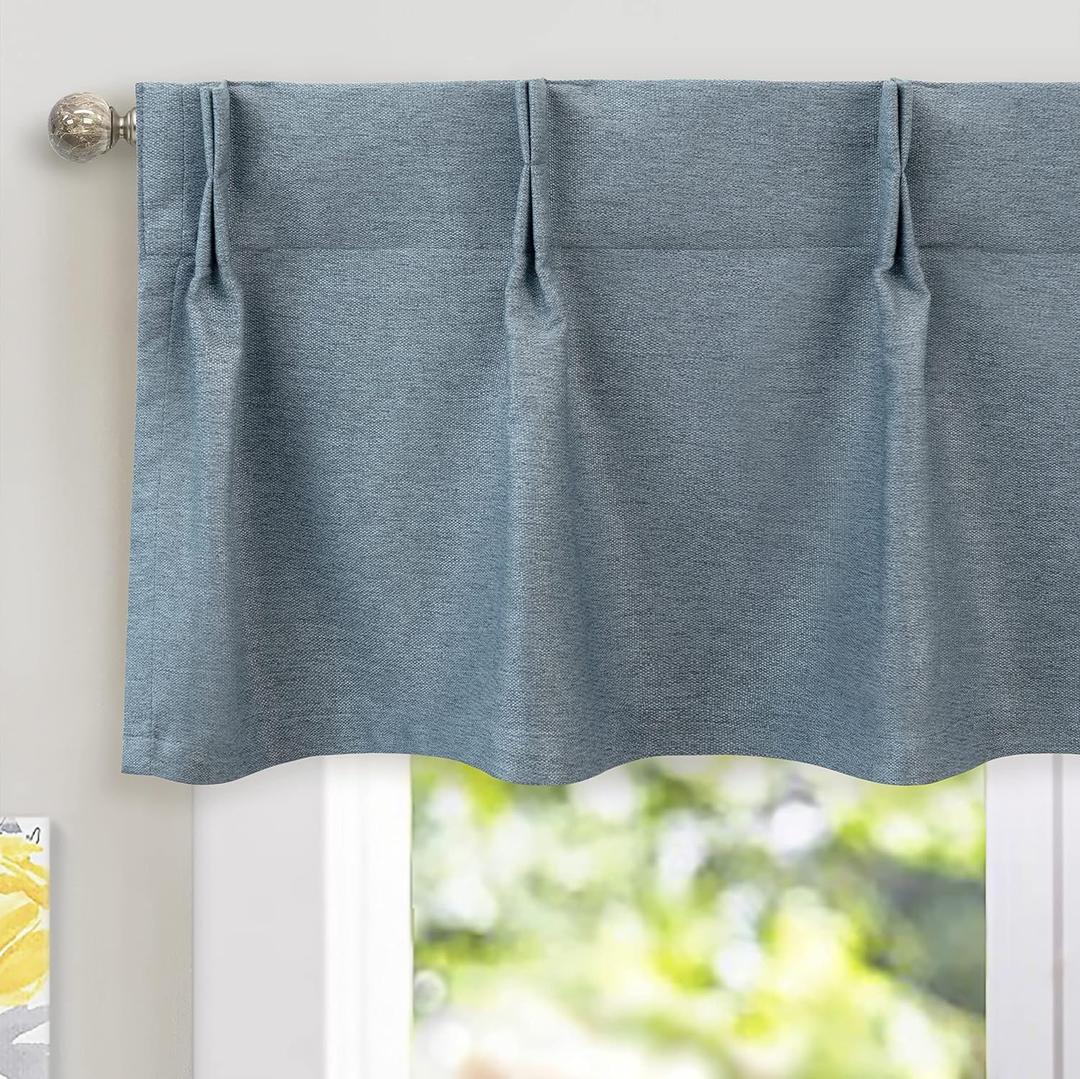 DriftAway Pinch Pleat Valance for Kitchen Window Blackout Faux Linen Textured Solid Valance for Living Room 16 Inch Farmhouse Linen Curtain Valance Window Treatment Back Tab 52x16 Dusty Blue