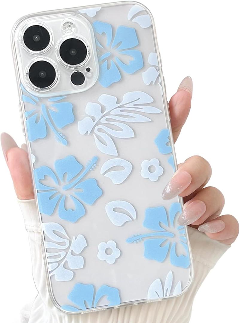 2 x NITITOP Compatible with iPhone 16 Pro Max Case Cute Clear Aesthetic Floral Flower Hibiscus Pattern for Girls Women Soft TPU Full Camera Lens Shockproof Protective Phone Cover - Blue