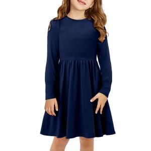 Yoklass Girls Dresses Round Neck A Line Stretchy Long Sleeve Holiday Party Dress Navy 10-11 Years (Blue, XL)