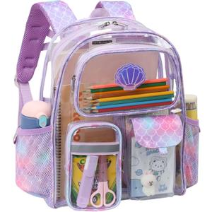 Clear Backpack for Girls - 15 Inch Heavy Duty Transparent Kids Backpacks for School, PVC Bookbag with 3 Front Pockets for Kids Aged 3 to 8, Purple Mermaid Scale