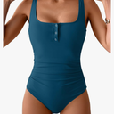 B2prity One Piece Swimsuit for Women Tummy Control Ruched Slimming Bathing Suit Button Full Coverage Swimwear, Large, Blue