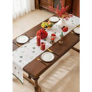 White Christmas Tree Table Runner 95 Inch Long, Ideal for Gifting, Draping Xmas Holiday Table Runner with Dark Green Fringes, Seasonal Winter Kitchen Dining Table Decoration for Home Party 14x95 Inch