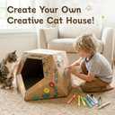 DIY Cardboard Cat House with 10 Markers, Creative Cat Scratcher House Play Cave for Indoor Cats and Kittens, Washable Kraft Paper Cat Scratching House for Family Bonding and Pet Relaxation