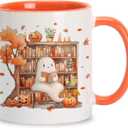 Hyturtle Fall Coffee Mug, Cute Ghost Reading Book Mug, Maple Leaves Pumpkin Autumn Gifts For Men Women On Birthday Thanksgiving Christmas, Book Lovers Gifts, 11oz White Orange Ceramic Coffee Tea Cup