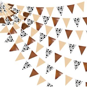 32Ft Cow Party Decorations Western Cowboy Triangle Flag Fabric Banner Pennant Garland Streamer for Western Cowgirls Cowboys Birthday Baby Shower Derby Day Festival Farm Cow Wild Party Decor Supplies