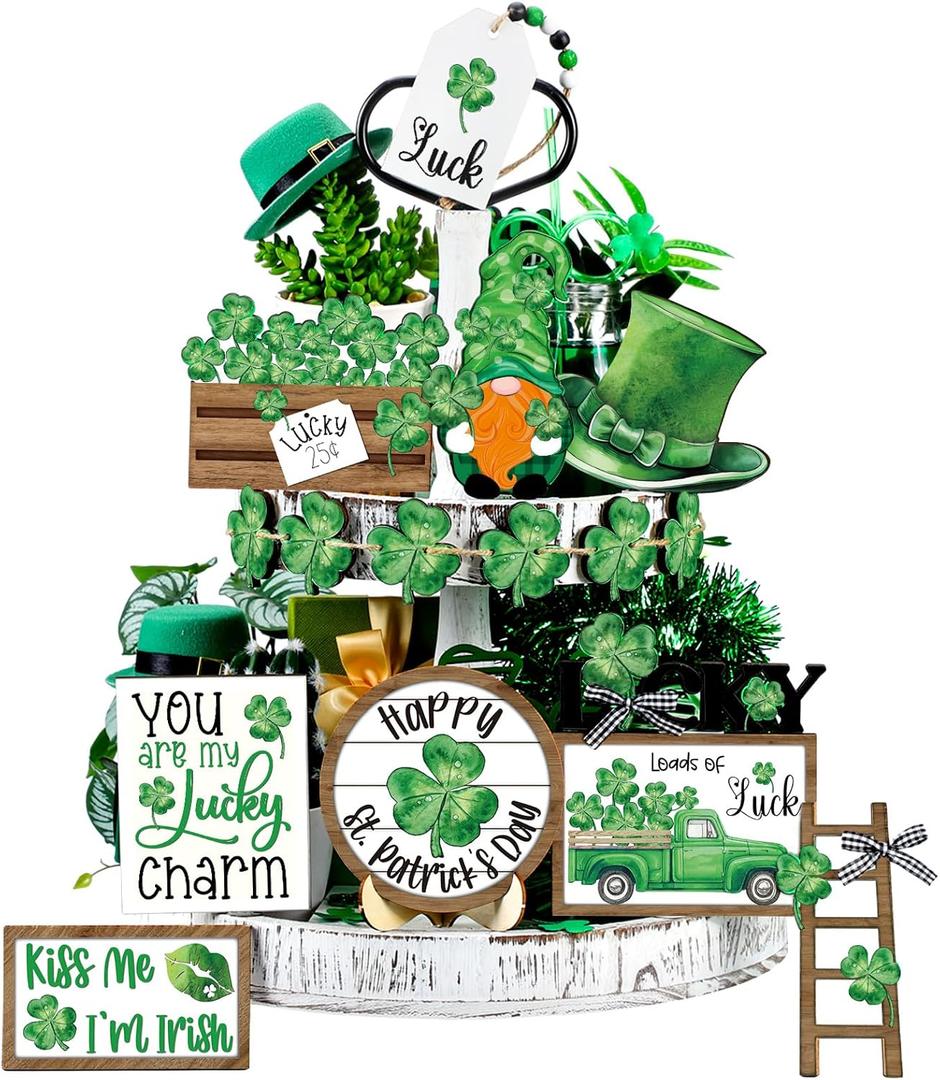 Mifoci 16 Pcs St. Patrick's Day Tiered Tray Decor St Patricks Day Decoration Lucky Clover Gnome Wood Sign Green Shamrock Table Centerpiece Irish Happy Saint Patricks Block Trefoil Tabletop Signs
