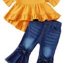 Kucnuzki Toddler Baby Girls Clothes Long Sleeve Shirt Top Flare Denim Jeans Cute Outfit Baby Girl Fall Winter Clothes (12-18 Months)