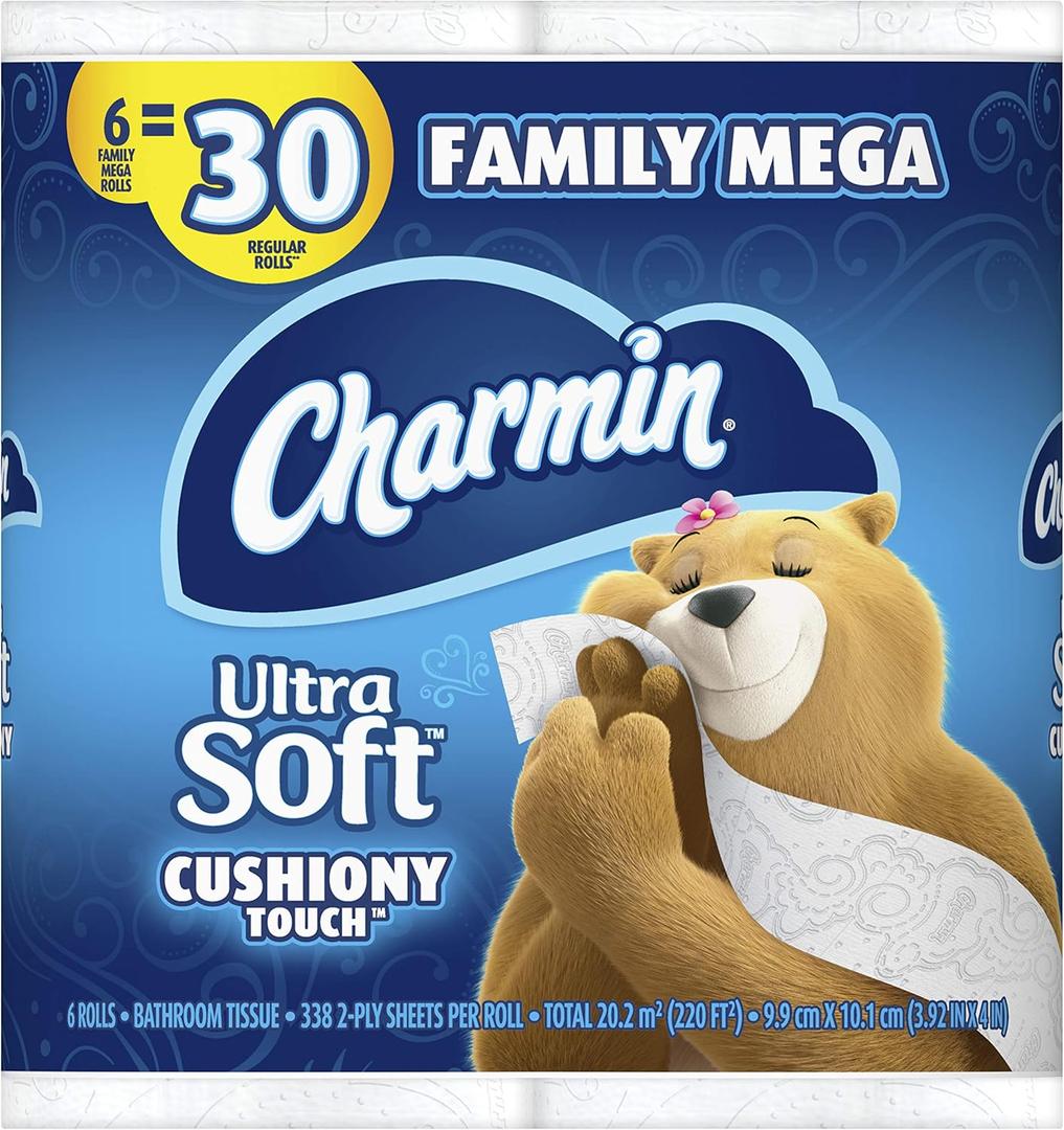 Charmin Ultra Soft Cushiony Touch Toilet Paper, 6 Family Mega Rolls = 30 Regular Rolls (Prime Pantry, Family Mega)