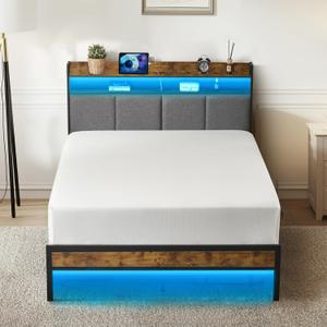 Z-hom Twin Upgraded Bed Frame with Upholstered Headboard, Metal Platform Bed with 2-Tier Storage, Easy Assembly Bed Frame with LED Lights & USB Charging Station, No Noise, No Box Spring Needed, Brown