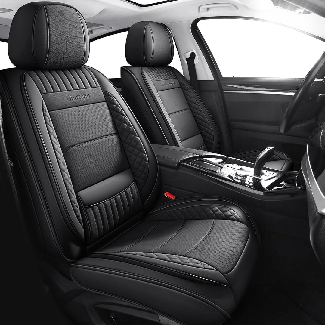 Chezope Car Seat Covers Full Set, Black Leather Seat Covers, Breathable Front and Back Car Seat Protectors, Wear-Resistant Seat Covers Universal Fit for Most Cars SUV Truck (Black-Stripes-A, Full Set)