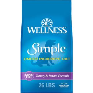 Wellness Simple Limited Ingredient Adult Dry Dog Food, Grain Free Kibble, Sensitive Stomach, Skin & Coat Support, Natural, Chicken Free, Turkey and Potato Recipe, 26 lb Bag (EXP 11/25/26)