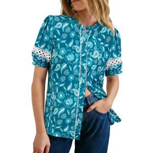 GRACE KARIN Women Boho Floral Tops, Summer Short Eyelet Sleeve Dressy Casual Shirts, Spring Button Down Blouse 2026 Trendy (Blue, XXL)