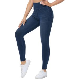THE GYM PEOPLE Women's High-Waisted Jeggings Pants Stretchy Tummy Control Skinny Jean Leggings with Pockets (Blue) 28" Large 