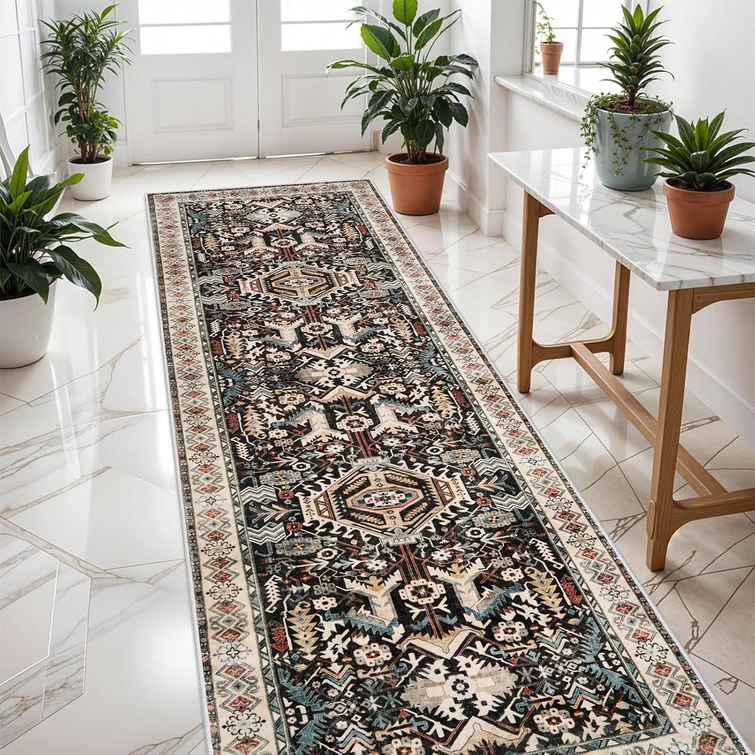 Washable Kitchen Runner Rug - 3x8 Hallway Rug Distressed Mats Non-Slip Soft Room Floor Carpet for Dining Room (Black,3x8)