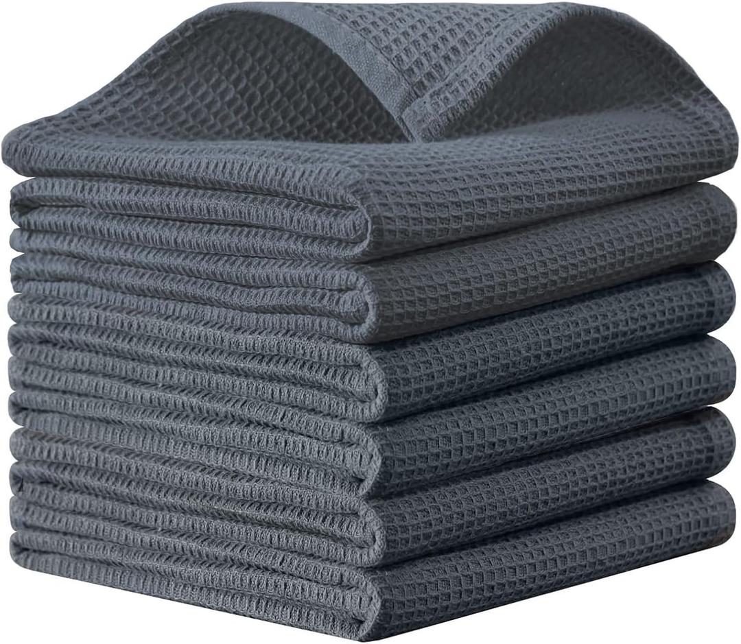 QUILTINA Dish Towels Set,100% Cotton Waffle Weave Kitchen Towels 6 Pack,14 x 14 Inches Dish Towels for Kitchen,Super Absorbent for Drying and Cleaning (Dark Grey)