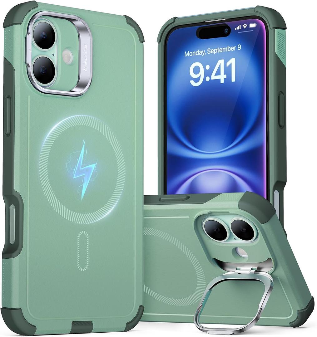 ESR for iPhone 16 Case with Stand, 23 ft Military-Grade Drop Protection, Heavy Duty Magnetic Phone Case, Compatible with MagSafe Accessories, Cyber Series, Light Green