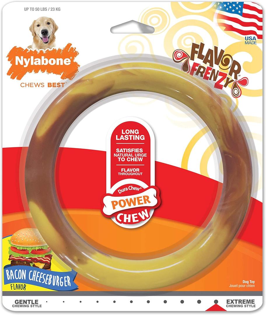 Nylabone Power Chew Flavor Frenzy Ring Chew Toy for Dogs, Indestructible Chew Toys for Aggressive Chewers, Bacon Cheeseburger Flavor, Large/Giant - Up to 50 lbs. (1 Count)