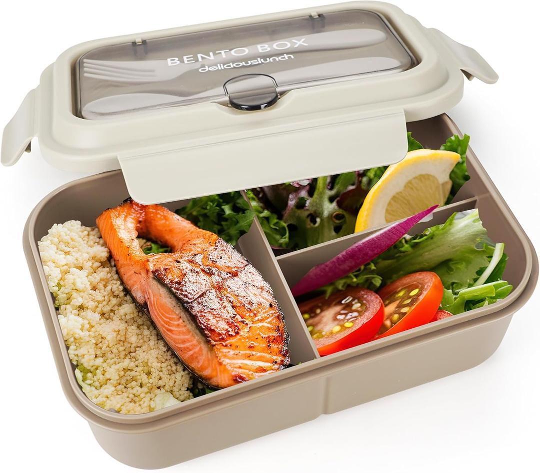 Fanhaw 40 Oz/5 Cup Bento Box for Kids, Men and Women, Lunch Box with 3 Compartments, Utensil, Microwave & Dishwasher Safe (Brown)