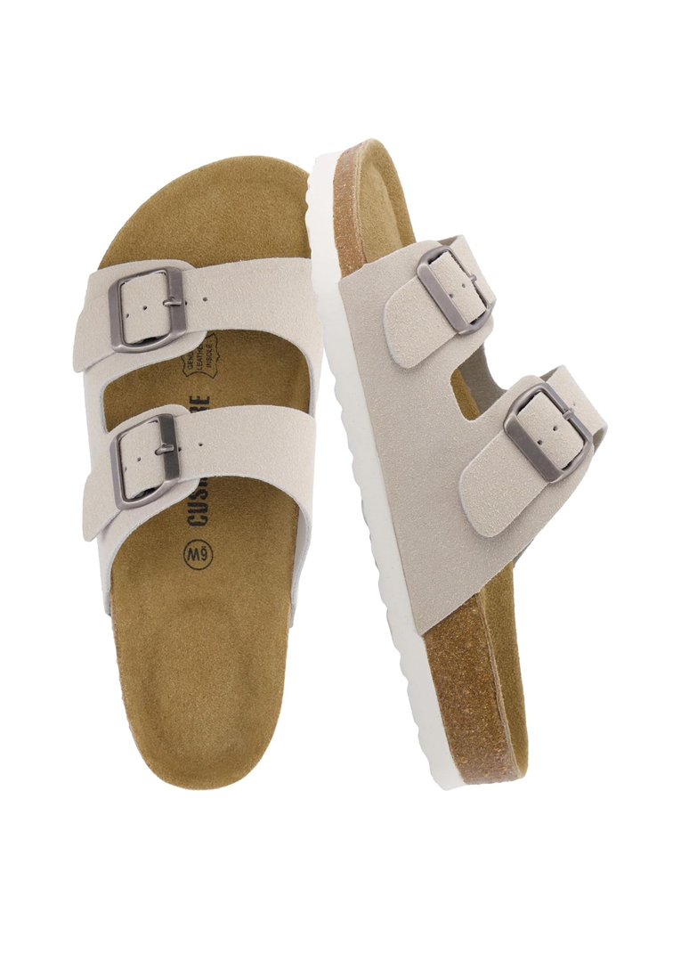 CUSHIONAIRE Lane Cork Footbed Sandals for Women – Comfortable Double Buckle Slip-On with Genuine Suede Footbed & Arch Support Slides for Women Footwear Size 8M
