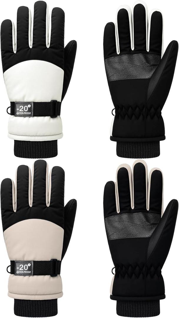 SATINIOR 2 Pairs Kids Waterproof Winter Snow Gloves Ski Gloves for Boy Girl Outdoor Warm Thickening Snowboar (6-10 Years, Beige, Khaki)