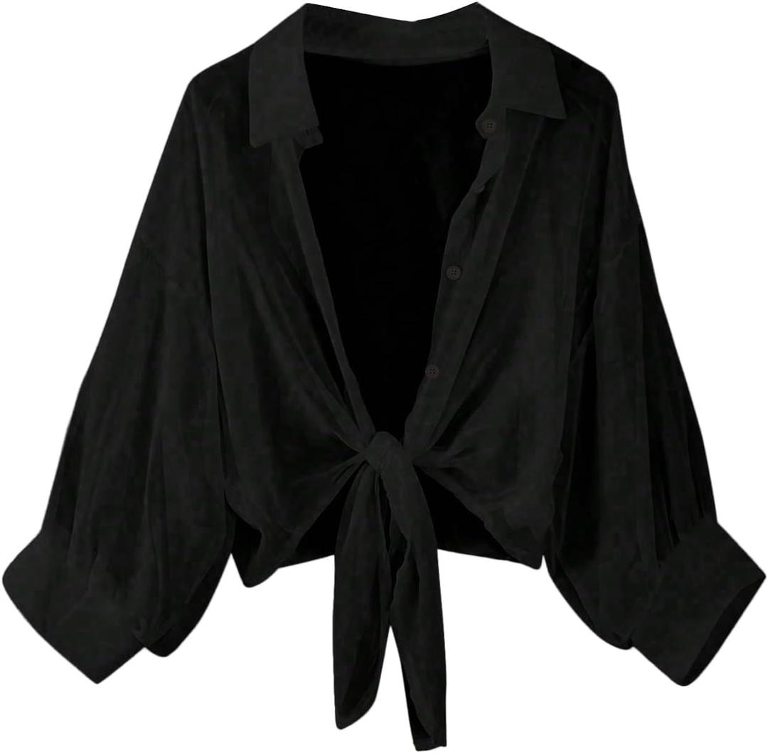 Women's Tie Front Chiffon Blouses Long Lantern Sleeve See Through Dressy Casual Shirts Cardigan (Black, XL)