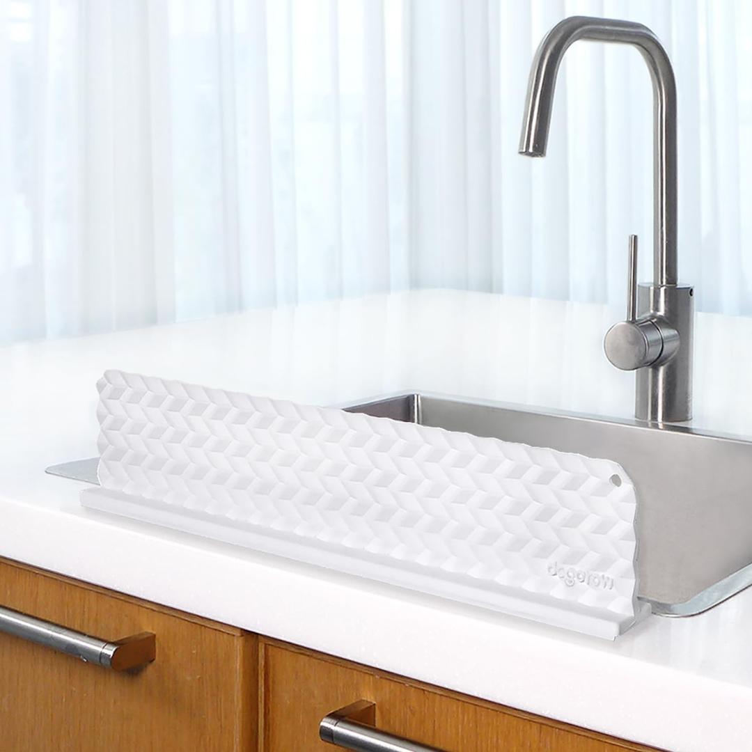 Silicone Sink Splash Guard - Premium Water Splash Guard for Kitchen, Island and Bathroom - Non-Slip Suction Cup Base (Upgrade Suction) - Dishwasher Safe - White