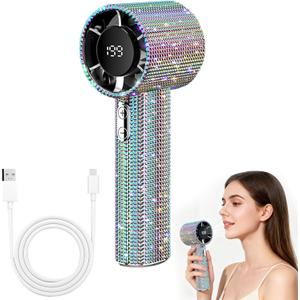 Emesak Portable Diamond Fan with HD Digital Display, Updated Rhinestone Rechargeable Silent Desktop Fans for Outdoor, Travel, Office, Gift