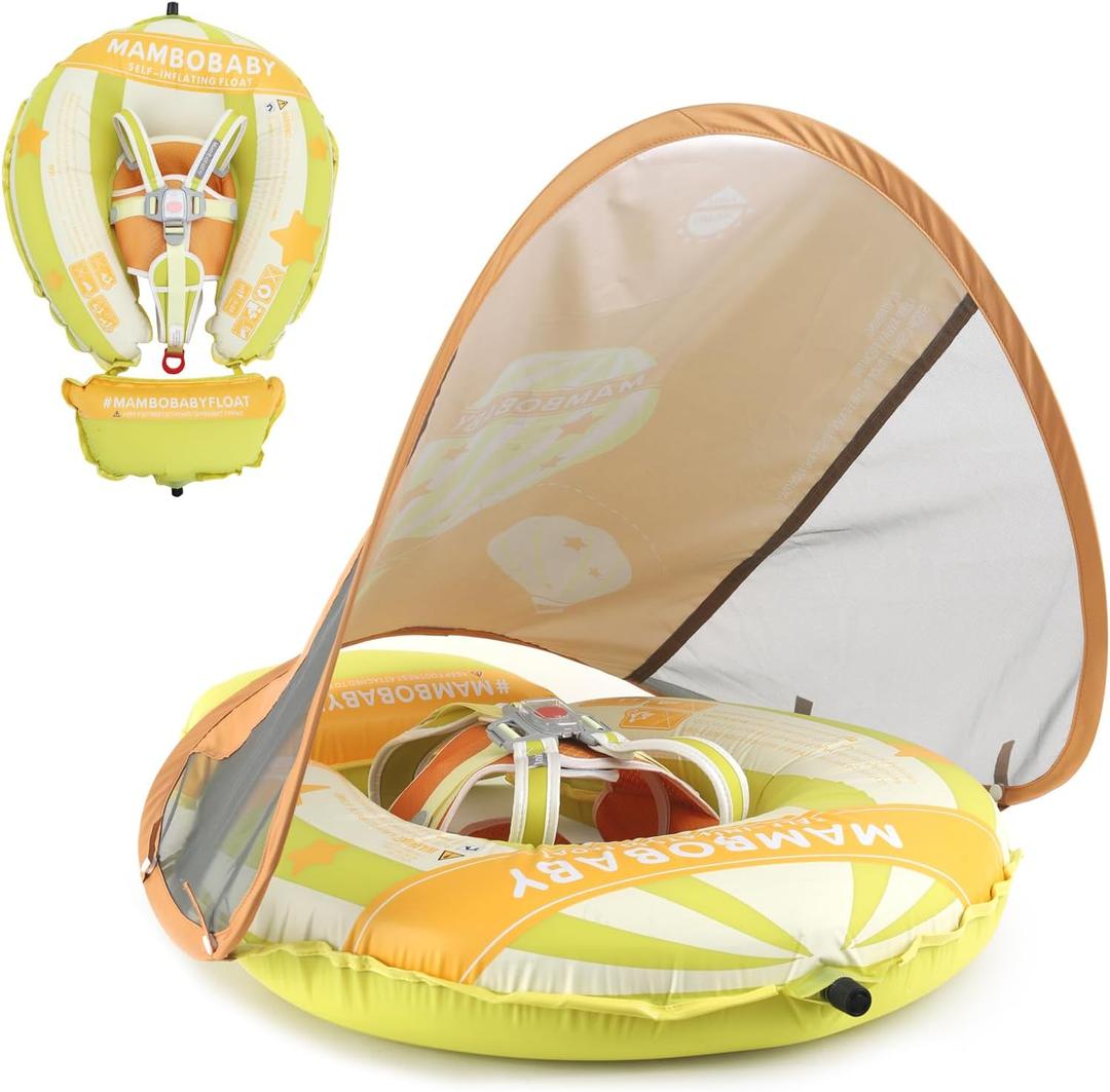 Mambobaby Float Deluxe Baby Pool Float: Safe & Comfortable Swim Trainer for Infants & Toddlers, Non-Inflatable Design, UV Protection Canopy, Fun Water Experience for Ages 3-24 Months (Green Balloon)