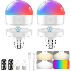 Rechargeable Light Bulb E26 with Auto Charging - Magnetic Wireless Charging Bulb with Remote & Timer, Battery Backup for Sconces & Lamps, 4 Color Temperatures + 9 RGB Colors, Dimmable, 2 Pack